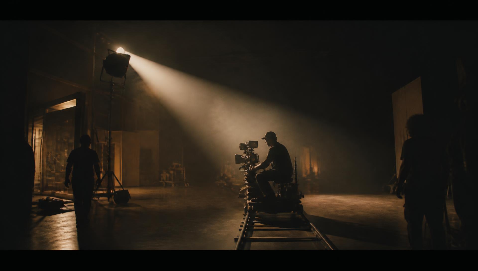 A single hard light cuts through haze on a darkened soundstage as a camera crew works
